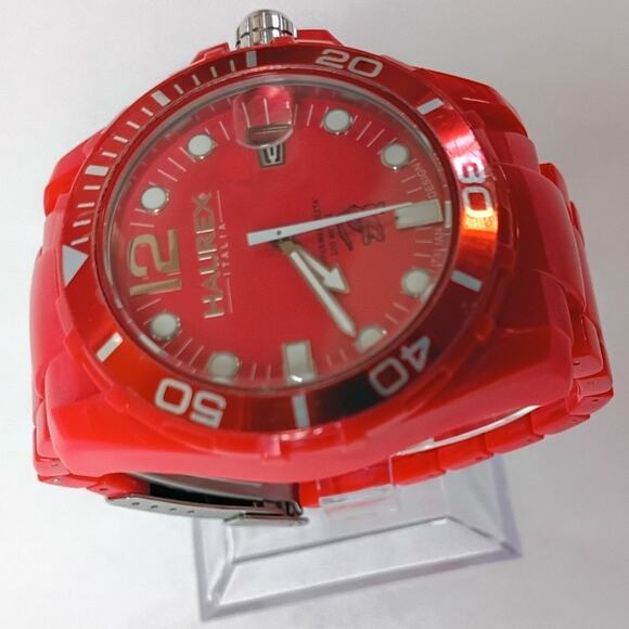 Huarex Caimano Quartz Watch Unisex Red Plastic Rotating Bezel Date - Picture 3 of 12